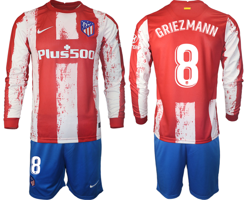 Men 2021-2022 Club Atletico Madrid home red Long Sleeve #8 Soccer Jersey